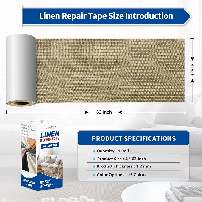 KING MOUNTAIN Linen Repair Patches, Self-Adhesive Fabric Patches, 4 X 63 inch Extra Size, Multi Color, Can be Used for Sofa Repair (Flaxen)