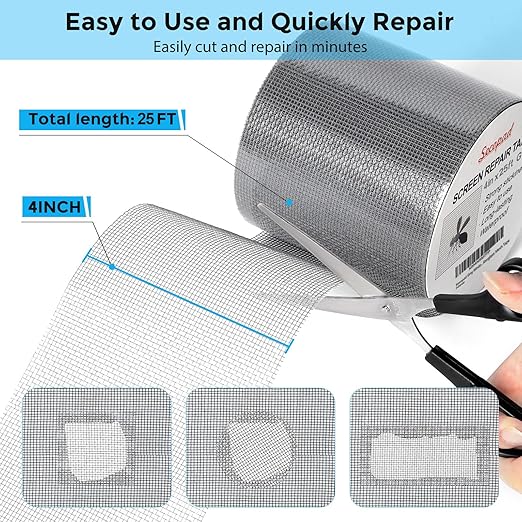 Secopad Grey Window Screen Repair Tape, 4IN X 25FT (300IN) Screen Repair Kit for Windows or Doors, Strong Adhesive Patch Kit Fiberglass Mesh Tape