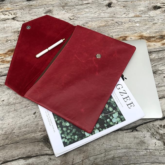 Vintage Leather 13.5" Business Clutch Envelope Bag Documents Certificate Laptop Sleeve Case Office File Folder (Rose red)