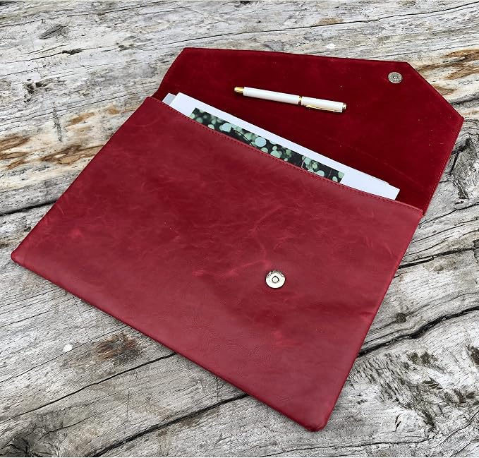 Vintage Leather 13.5" Business Clutch Envelope Bag Documents Certificate Laptop Sleeve Case Office File Folder (Rose red)
