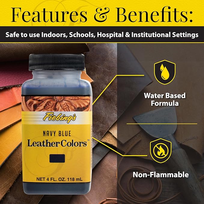 Fiebing's LeatherColors (4 Fl Oz, Navy Blue) - Leather Dye for Natural Leather - Water-Based, Non-Flammable Formula - Permanent & Penetrating Color for Shoes, Boots, Furniture - Safe for Institutions