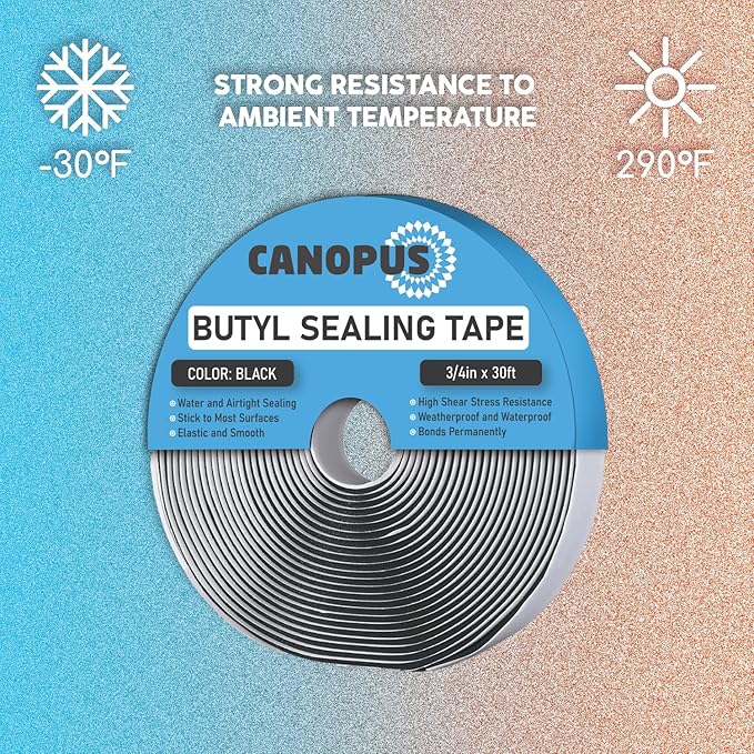 CANOPUS Butyl Seal Tape, Black, 1/8-in x 3/4-in x 30-ft, Heavy Duty, Waterproof Sealant Putty Tape, Rubber Tape to Seal RV, Boat, Home Pipes and Car Windows Leaks