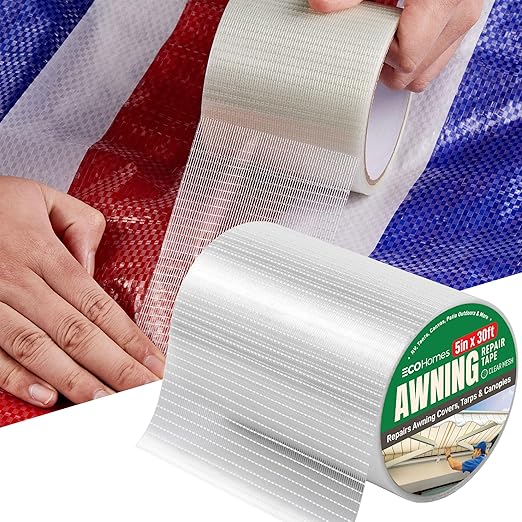 Awning Covers & Tarp Repair Tape - Waterproof Self Adhesive Patch Repair Kit | Patch Tapes for Awnings, Outdoor Canopies, Patio Window Awnings, Gazebos, Tents, RV, Canvas, Boat Covers (Clear Mesh, 5")