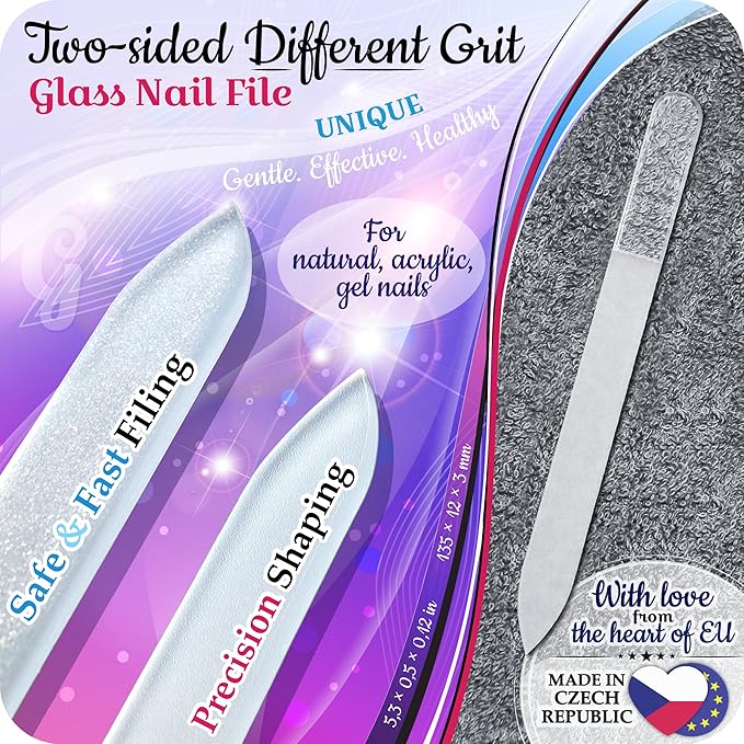 GLADZY Glass Nail File Set - Czech Crystal Manicure Tools for Natural Nails, Glass Foot File Callus Remover, Professional Manicure & Pedicure Foot Spa Kit for Fingernails & Toenails, Made in EU