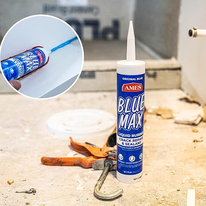 Ames Blue Max® Liquid Rubber Crack Repair & Sealant - 10.1 Ounce Cartridge Paintable Waterproof Sealant - Perfect for Shower and Tub Details, Filling Large Cracks, Holes and Gaps in Concrete