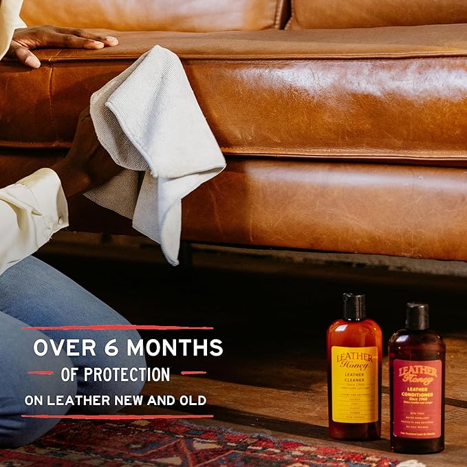 Leather Honey Leather Conditioner & Cleaning Kit for use on Leather Apparel, Furniture, Auto Interiors, Shoes, Bags and Accessories. Conditioner, Cleaner and 2 Lint-Free Cloths.