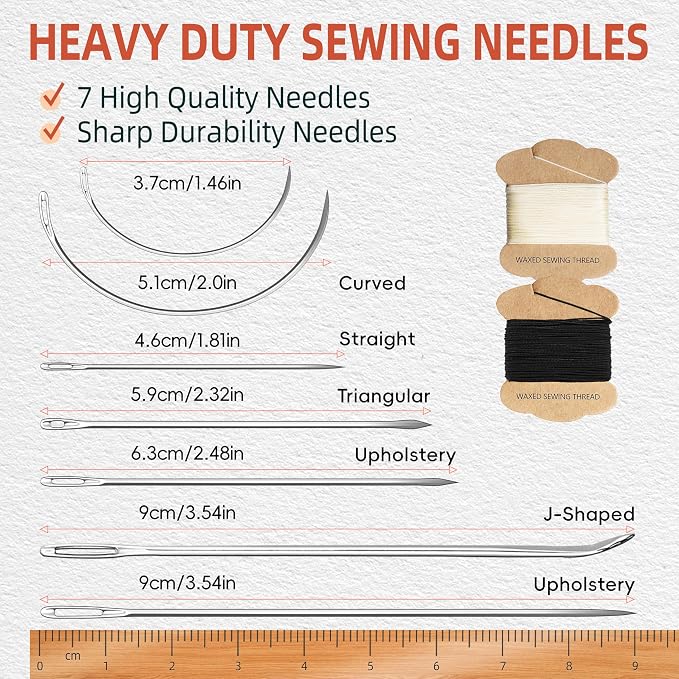 Upholstery Repair Kit: Extra Strong Waxed Sewing Thread 2 Rolls (Black and White) &Heavy Duty Household Hand Needles (7 PCS) for Leather, Canvas, Bookbinding & Quilting Thread