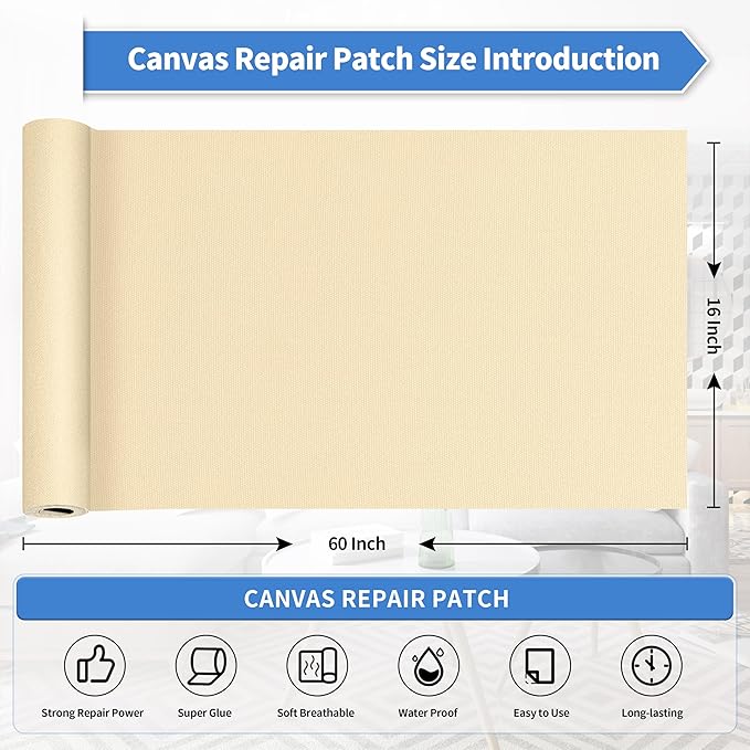 KING MOUNTAIN Canvas Repair Patch 16×60 Inch Self-Adhesive Waterproof Fabric Patch for Sofas, Tents, Furniture,Tote Bags, Car Seats (Beige2.0)
