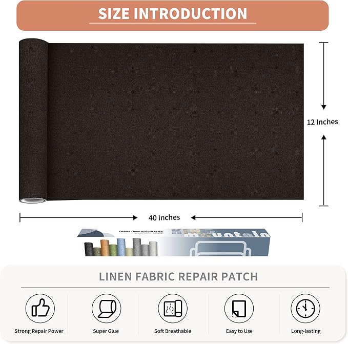 Fine Linen Repair Patches, Self-Adhesive Linen Fabric Patches, 12X40 inch Extra Size, Multi Color, Can be Used for Linen Sofa Repair (12" x 40", Dark Brown)