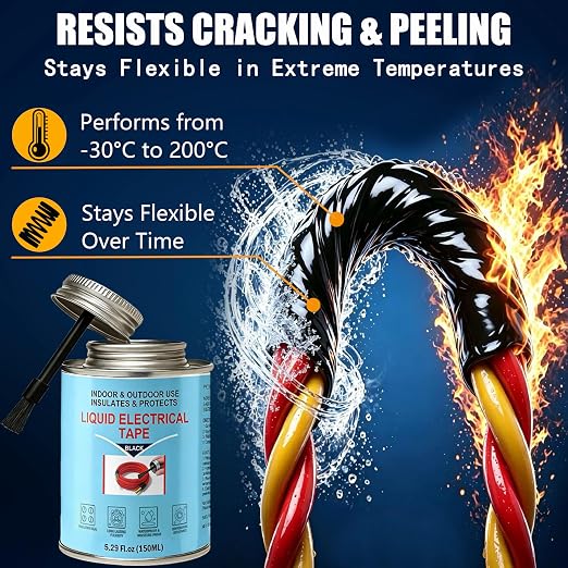 5.29 oz Liquid Electrical Tape – Quick-Drying Insulating Glue, Waterproof & High Temp Resistant, Liquid Wire Insulation Rubber with Brush Cap for Wires, Cables, Outdoor Equipment (Black)
