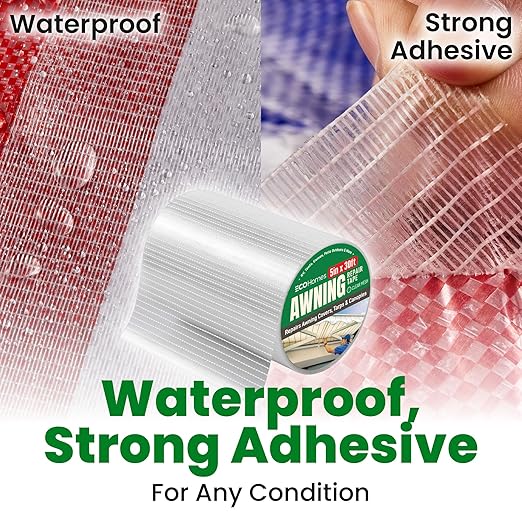 Awning Covers & Tarp Repair Tape - Waterproof Self Adhesive Patch Repair Kit | Patch Tapes for Awnings, Outdoor Canopies, Patio Window Awnings, Gazebos, Tents, RV, Canvas, Boat Covers (Clear Mesh, 5")