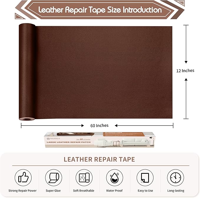 KING MOUNTAIN Leather Repair Patch, 12 x 60 Inches Self-Adhesive Repair Tape for Damaged Furniture, Seating, Car Seats, Goods (New Brown)