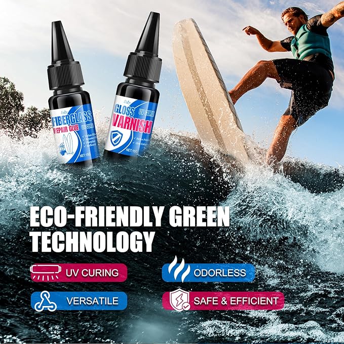 Fiberglass Repair Kit - Surfboard Repair Kit, UV Repair Glue with UV Light, Quickly Repair Scratches, Holes, and Gaps in Fiberglass, Polyester, Carbon Fiber - Fiberglass Filler for Surfboard Gelcoat