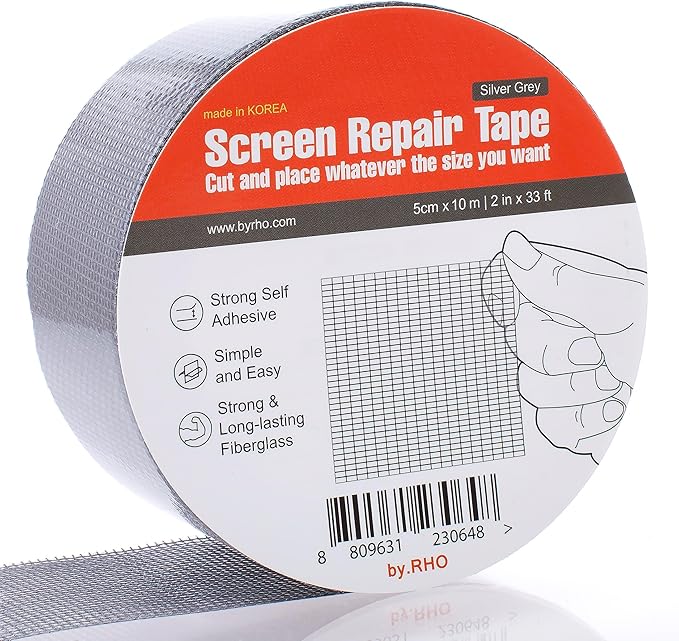 by.RHO Screen Repair Tape – Strong Self-Adhesive Window & Screen Door Repair Kit, Fiberglass Screen Patch 2"×33ft, Easy Cut and Apply, Indoor-Safe Adhesive, All-Weather (Gray)