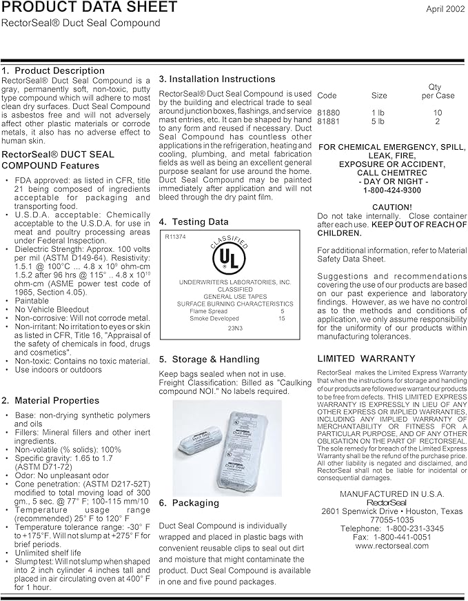 RectorSeal Duct Seal 81881 Duct Seal Compound, Easy Application, HVAC, 5 lb