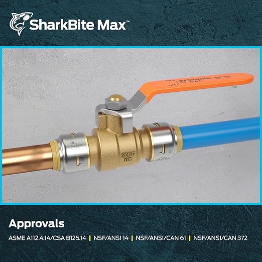 SharkBite Max 1/2 x 1/2 in PTC Ball Valve, Push-to-Connect Brass Water Shut-Off Plumbing Fitting, UR22222