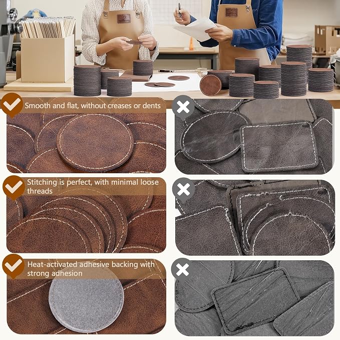 100 Pack Blank Leatherette Patches with Adhesive, Round Laser Engravable Faux Leather Patch for Hats Custom, Fabric Repair Sew, Engraving Materials, Gifts, DIY (Rustic, 2.5 x 2.5 in)
