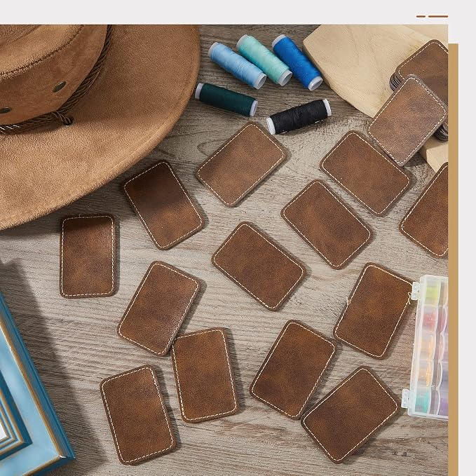 Dunzy 60 Pcs Leather Hat Patches Blank Leatherette Hat Patch with Adhesive Rectangle Laserable Leatherette Patch for Hats Custom Fabric Sew Laser Engraving DIY(Golden Brown,3 x 2 Inch)