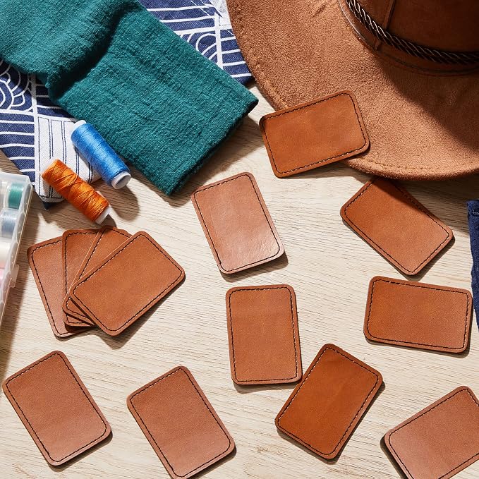 Dunzy 60 Pcs Leather Hat Patches Blank Leatherette Hat Patch with Adhesive Rectangle Laserable Leatherette Patch for Hats Custom Fabric Sew Laser Engraving DIY(Khaki,3 x 2 Inch)