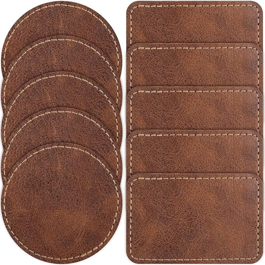 SmallCat 10 PCS Square Round Leather Patches for Hats, Iron on Blank Patches, Artificial Leather Patches for Laser Engraving, Repair Patches for DIY Sewing Crafts, Hats, Jackets - Dark Coffee, Brown