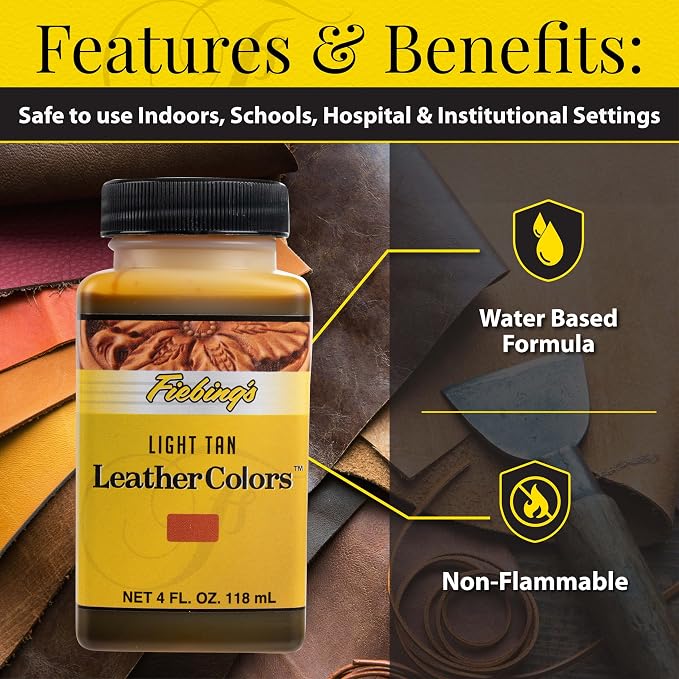 Fiebing's LeatherColors (4 Fl Oz, Light Tan) - Leather Dye for Natural Leather - Water-Based, Non-Flammable Formula - Permanent & Penetrating Color for Shoes, Boots, Furniture - Safe for Institutions