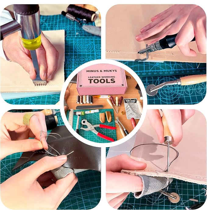 MINUS MUKYS Leather Working Kit Complete Leather Tools Set for Crafts Shoe Repair Kit Belts Includes Hole Puncher for Crafts Sewing Tools Awl Stitching Tool Cutting Mat Ideal for Beginners