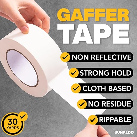 Gaffers Tape Heavy Duty, Easy to Rip, Residue-Free Professional Grade Floor Tape for Electrical Cords, Matte Finish Non Reflective, Weather Resistant (3, White, 2" x 30 Yards)