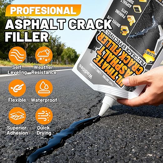 Asphalt Crack Filler, 5.3LB High Elasticity Cement Crack Filler, Self Leveling Waterproof Repair Sealant for Driveway, Walkway, Blacktop Concrete Joint, Outdoor Quick Drying Sealer - Black
