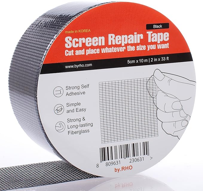 by.RHO Screen Repair Tape – Strong Self-Adhesive Window & Screen Door Repair Kit, Fiberglass Screen Patch 2"×33ft, Easy Cut and Apply, Indoor-Safe Adhesive, All-Weather (Black)