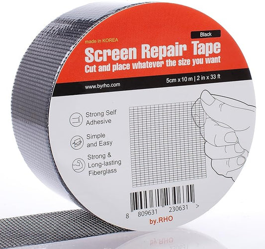by.RHO Screen Repair Tape – Strong Self-Adhesive Window & Screen Door Repair Kit, Fiberglass Screen Patch 2"×33ft, Easy Cut and Apply, Indoor-Safe Adhesive, All-Weather (Black)