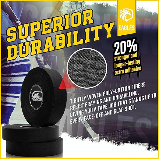 Hockey Tape Multipurpose Cloth Tape Roll for Lacrosse Baseball & Softball Bats, Rackets, Pullup Bars, Gardening Tools, Easy Tear Over Grip - Multi Sport Handle Tape - Sports Gift (Black & White)