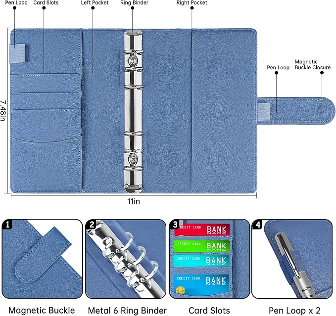 Antner A6 Notebook Binder Refillable 6 Ring Budget Binder Cover for A6 Refill Paper, PU Leather Budget Planner Organizer with Magnetic Buckle, Loose Leaf Personal Planner, Glitter Blue