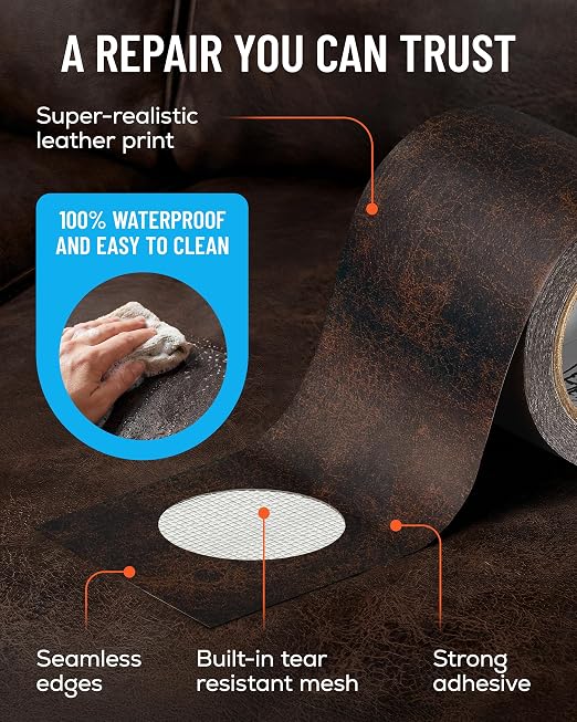 MATCH 'N PATCH Dark Brown Leather Repair Tape, 2.25" x 15' for Furniture | Realistic Faux Leather Patches for Couch, Sofa, Upholstery, Car Seat & Other Furniture, Vinyl Repair Kit, Self Adhesive Patch