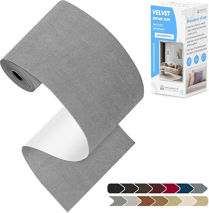 KING MOUNTAIN Couch Fabric Repair Patch, Fabric Patches for Furniture, 4" x 63" Waterproof Velvet Repair Tape for Sofas, Car Seats, Furniture, Upholstery Fabrics and Velvet Goods. （Charcoal Grey）