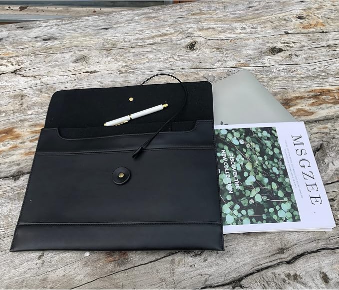 Vintage pu Leather 13.5" Certificate File Sleeve Case Business Manila Clutch Envelope Bag Office Documents Folder (Black)