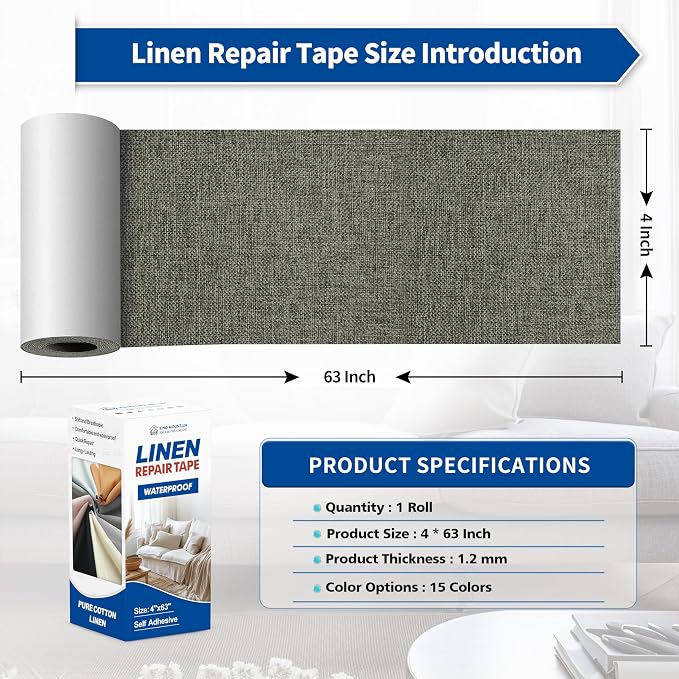 KING MOUNTAIN Linen Repair Patches, Self-Adhesive Fabric Patches, 4 X 63 inch Extra Size, Multi Color, Can be Used for Sofa Repair (Dark Grey 1.0)