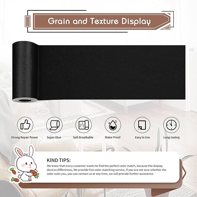 KING MOUNTAIN Leather Repair Patch,4 x 63 Inches self Adhesive Leather Repair Tape for Damaged Leather Furniture, Sofa Seating,Car Seats, Leather Goods（Fine Grained Black）