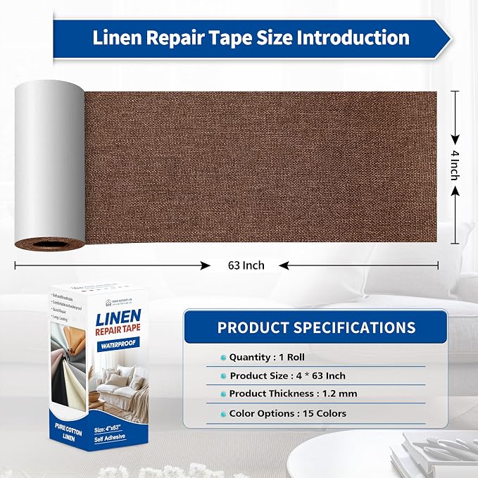 KING MOUNTAIN Linen Repair Patches, Self-Adhesive Linen Fabric Patches, 4 X 63 inch Extra Size, Multi Color, Can be Used for Linen Sofa Repair (Medium Brown)