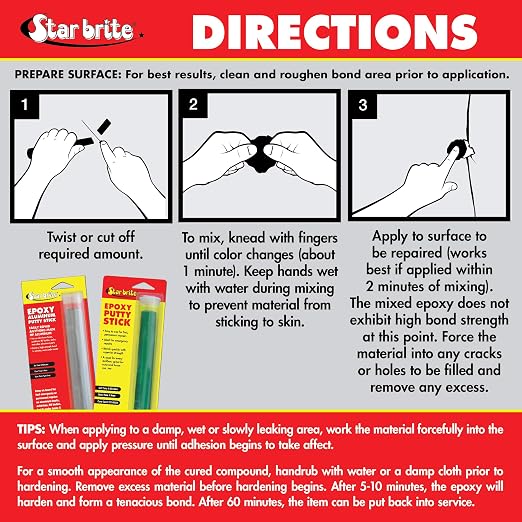 STAR BRITE Epoxy Putty Stick – Quick, Versatile, Permanent Repairs for Boat Hulls, Decks, Pools, Spas, Hot Tubs, and More, Including Use Underwater