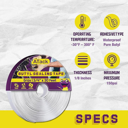 ATack Gray Butyl Seal Tape 1/8-Inch x 3/4-Inch x 30-Foot Leak Proof Putty Tape for RV Repair, Window, Boat Sealing, Glass and EDPM Rubber Roof Patching