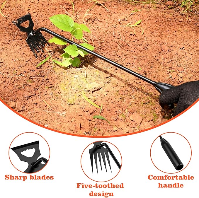 BokingOne Weed Puller Tool Garden Weed Pulling Tool, 4-Tine Manganese Steel Weeder Tool - Black Coated Forged Portable Garden Hand Weeder for Farm, Orchard & Garden (2Pack)