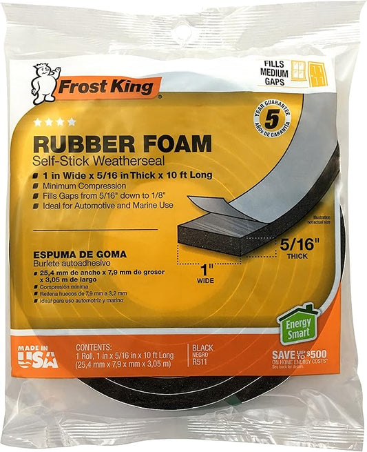 Frost King P Self-Stick Rubber Foam Weatherseal, 1" W, 5/16" T, 10 ft L, Black