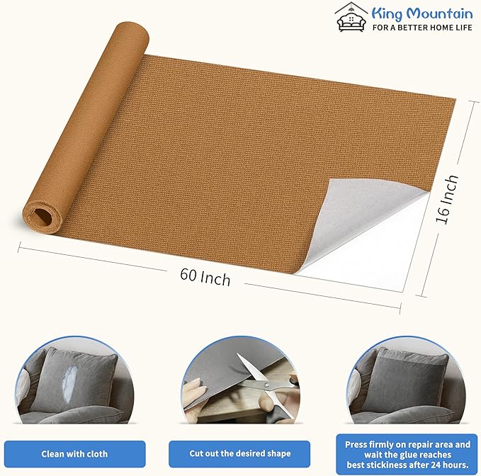 KING MOUNTAIN Canvas Repair Patch 16×60 Inch Self-Adhesive Waterproof Fabric Patch for Sofas, Tents, Furniture,Tote Bags, Car Seats (Light Brown)
