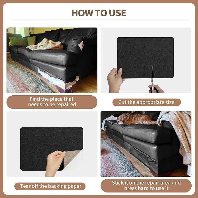 ONine Leather Repair Patch,Self-Adhesive Couch Patch，Multicolor Available Scratch Leather 5X7.9 Inch Peel and Stick for Sofas, Car Seats Hand Bags Jackets (Ink Black)