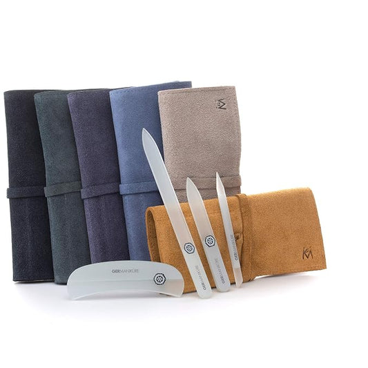 GERMANIKURE Gray Crystal Glass Nail File Set in Light Gray Suede Case – Handmade in Czech Republic – Professional Manicure & Pedicure Supplies – Glass Cuticle Stick, Pusher, Moon File