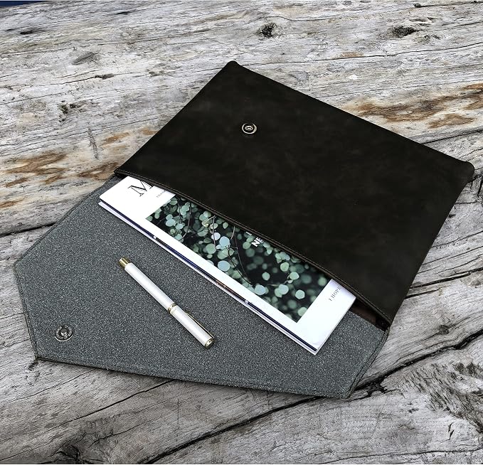 Vintage Leather 13.5" Business Clutch Envelope Bag Documents Certificate Laptop Sleeve Case Office File Folder (Army Green)