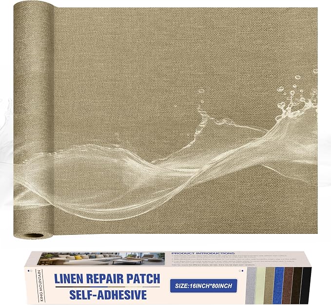 KING MOUNTAIN Linen Repair Patches, Self-Adhesive Fabric Patches,16X80 inch Extra Size, Multi Color, Can be Used for Sofa Repair and Linen Fabric Repair (Flaxen)