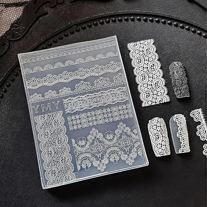 Lace Silicone Nail Molds, 4PCS 3D Lace Nail Art Mold with Carving Pen & Scraper, 3D Gel Nail Charm Mold for Nail Art Design, DIY Crafts, Resin Jewelry Decor
