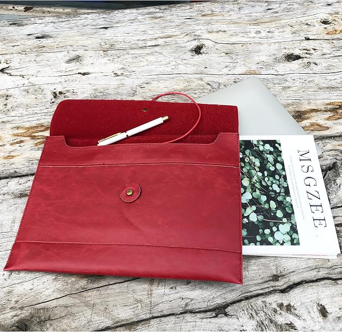 Vintage pu Leather 13.5" Certificate File Sleeve Case Business Manila Clutch Envelope Bag Office Documents Folder (Wine red)