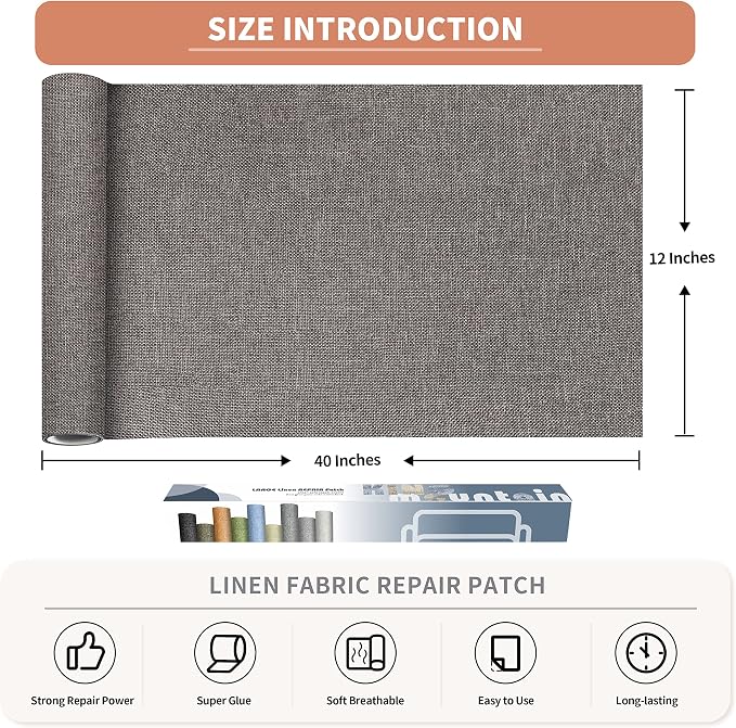 KING MOUNTAIN Fine Linen Repair Patches, Self-Adhesive Linen Fabric Patches, 12X40 inch Extra Size, Multi Color, Can be Used for Linen Sofa Repair(12" x 40",Cream-Gray)